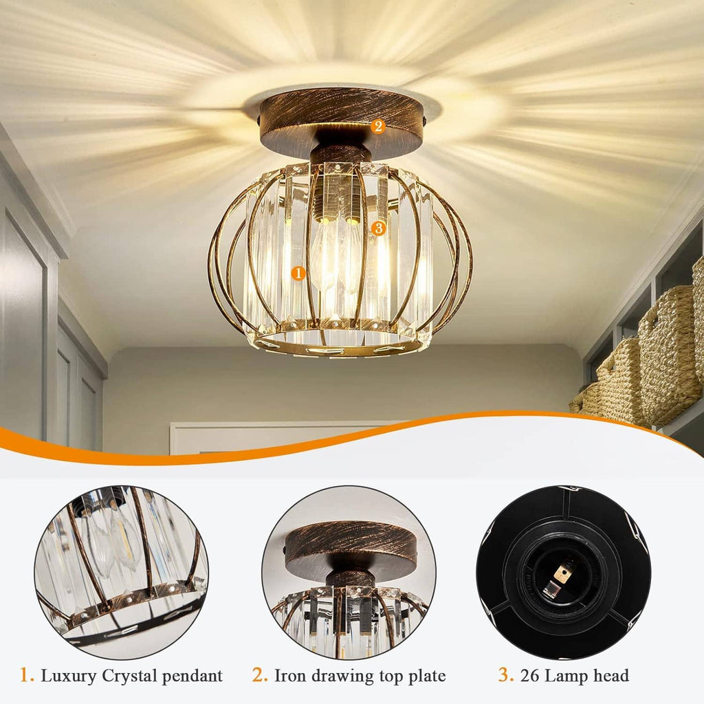 Oil-rubbed bronze semi-flush crystal ceiling light with circular cage and visible bulbs