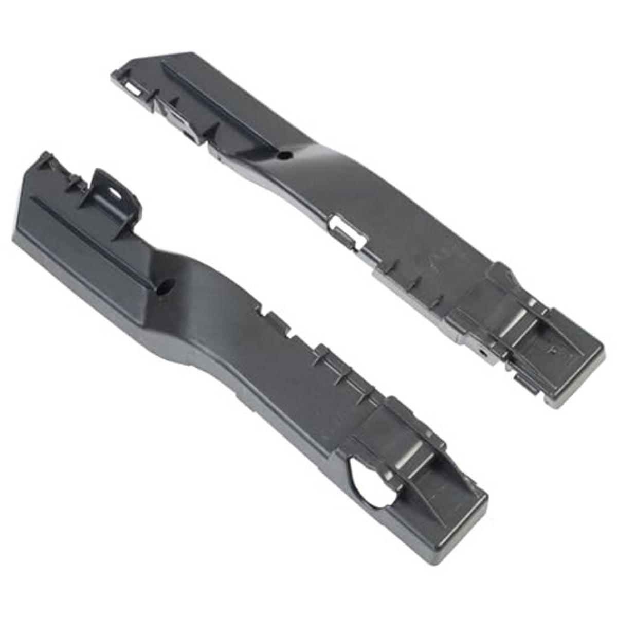 Front bumper bracket pair, black plastic channels with rectangular openings