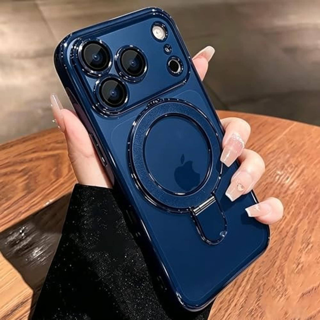 Blue magnetic iPhone case with ring holder and camera cutouts