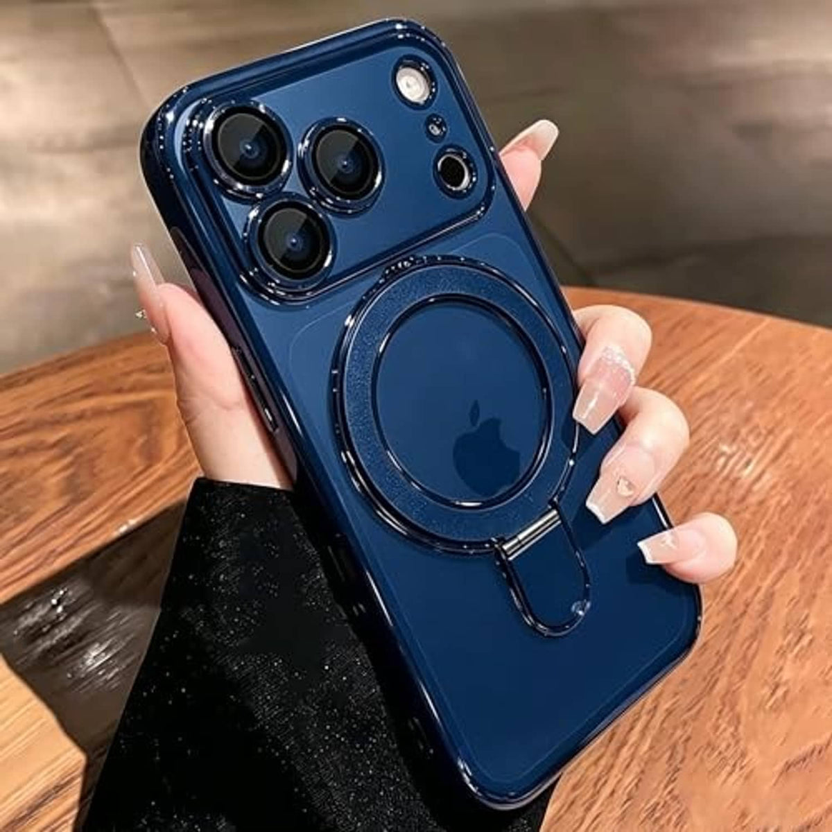 Blue magnetic iPhone case with ring holder and camera cutouts