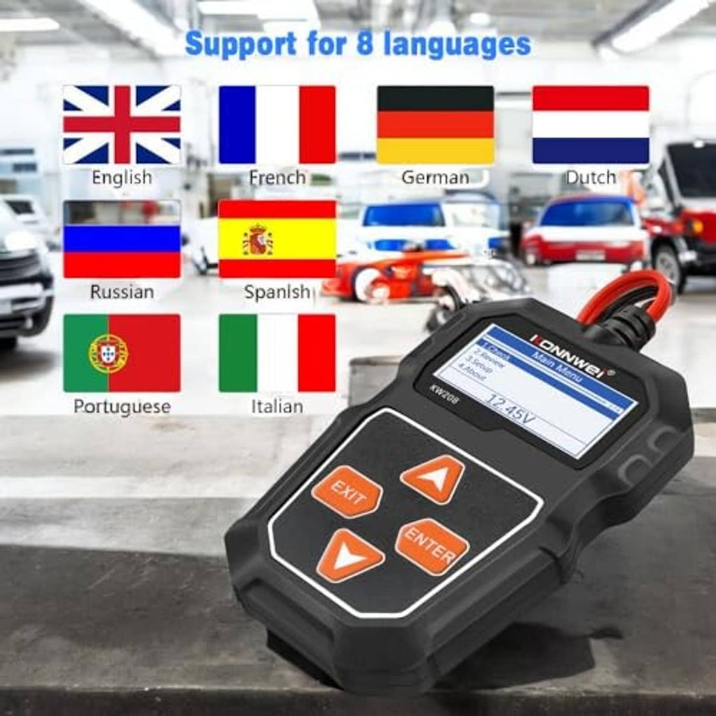 KONNWEI car battery tester with multilingual menu icons and LCD display