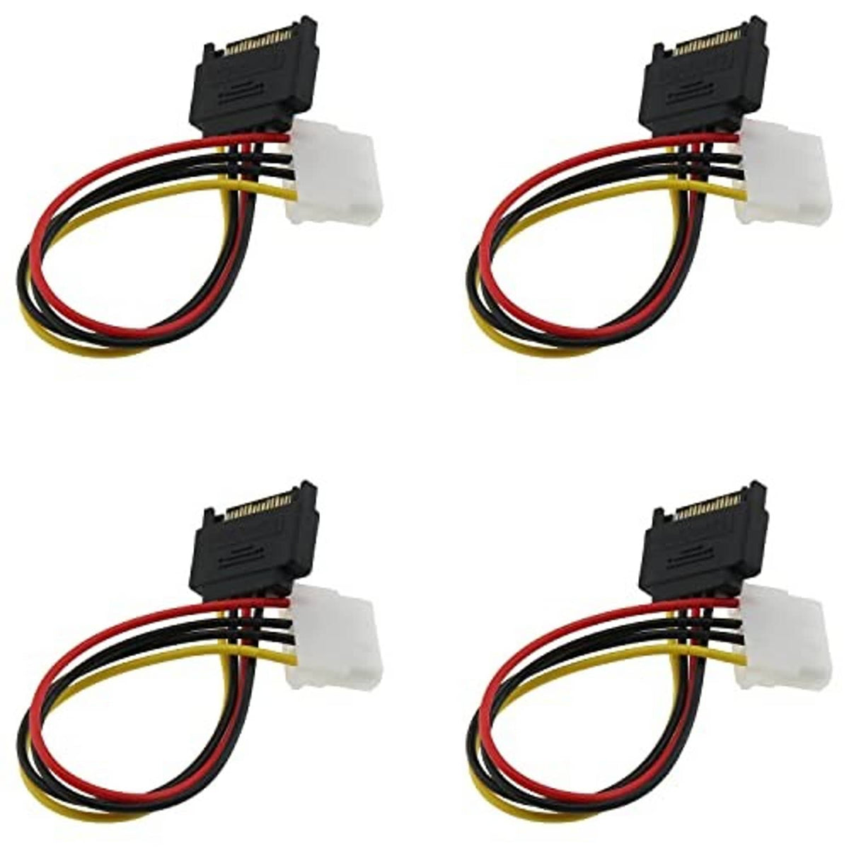 Four-pack SATA 15-pin to 4-pin Molex adapter cables, black and white connectors with colored leads