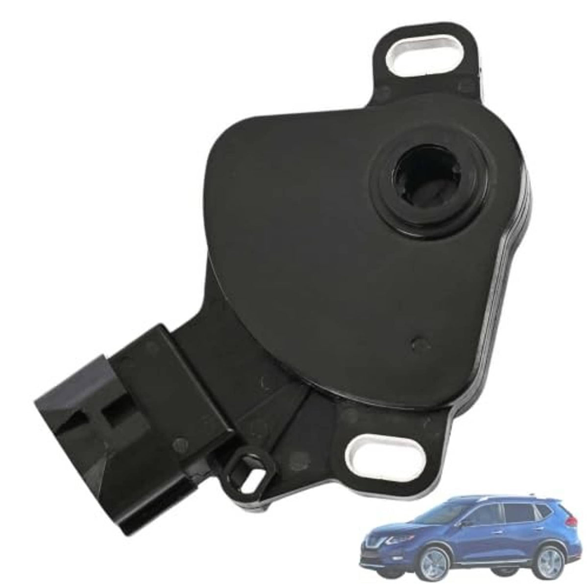 Black gear position sensor angled view with oval mounting holes and electrical connector