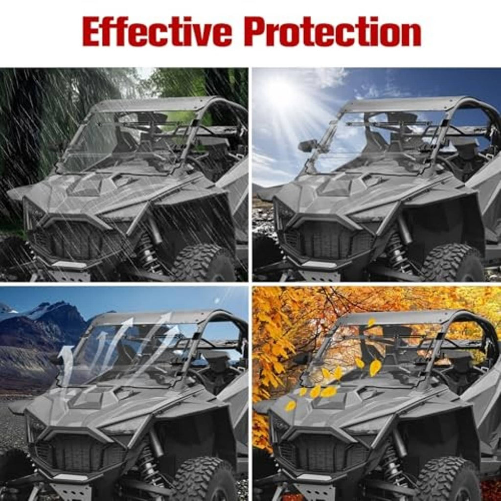 Flip-up windshield providing full front and side coverage on an off-road UTV
