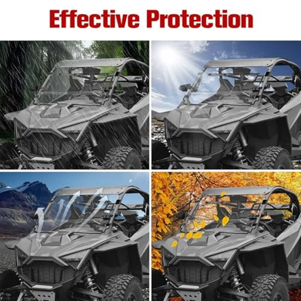 Flip-up windshield providing full front and side coverage on an off-road UTV