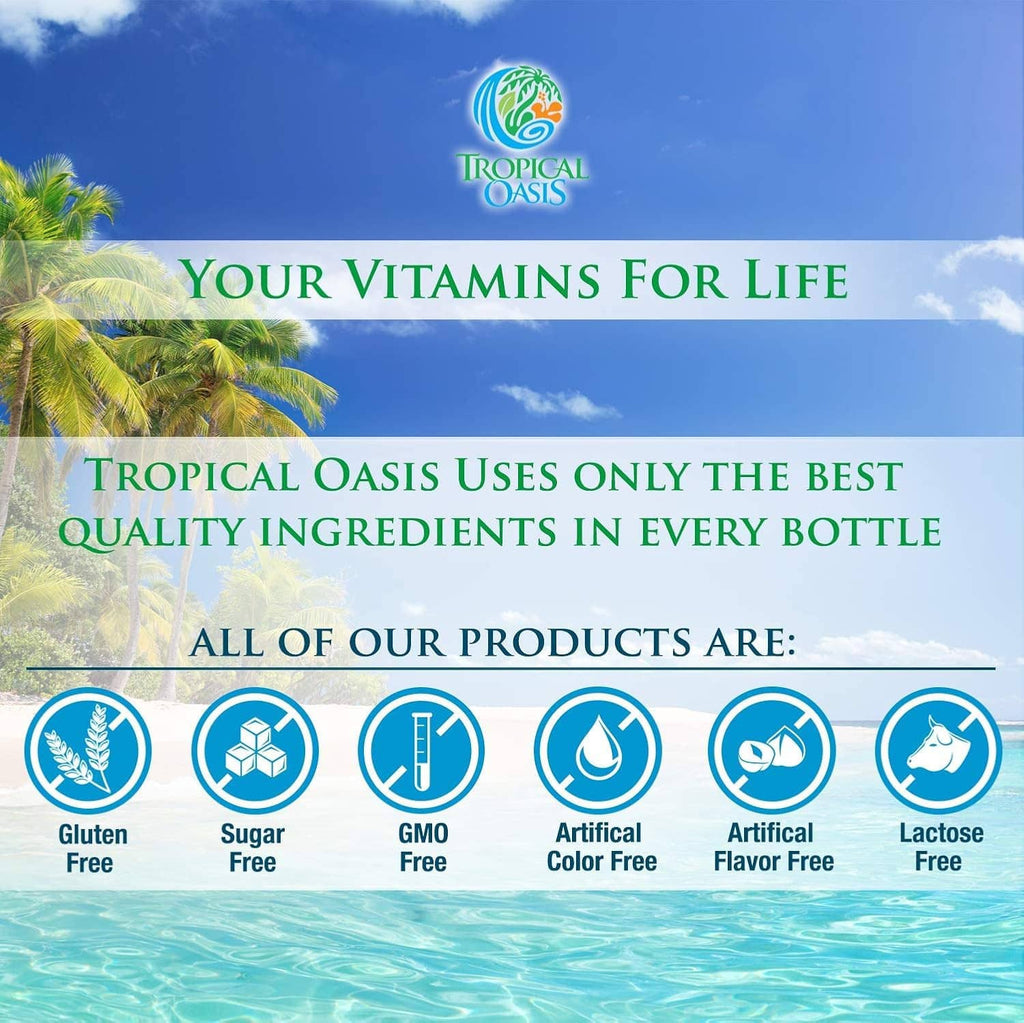 Tropical Oasis ingredient and diet icons: Gluten Free, Sugar Free, GMO Free