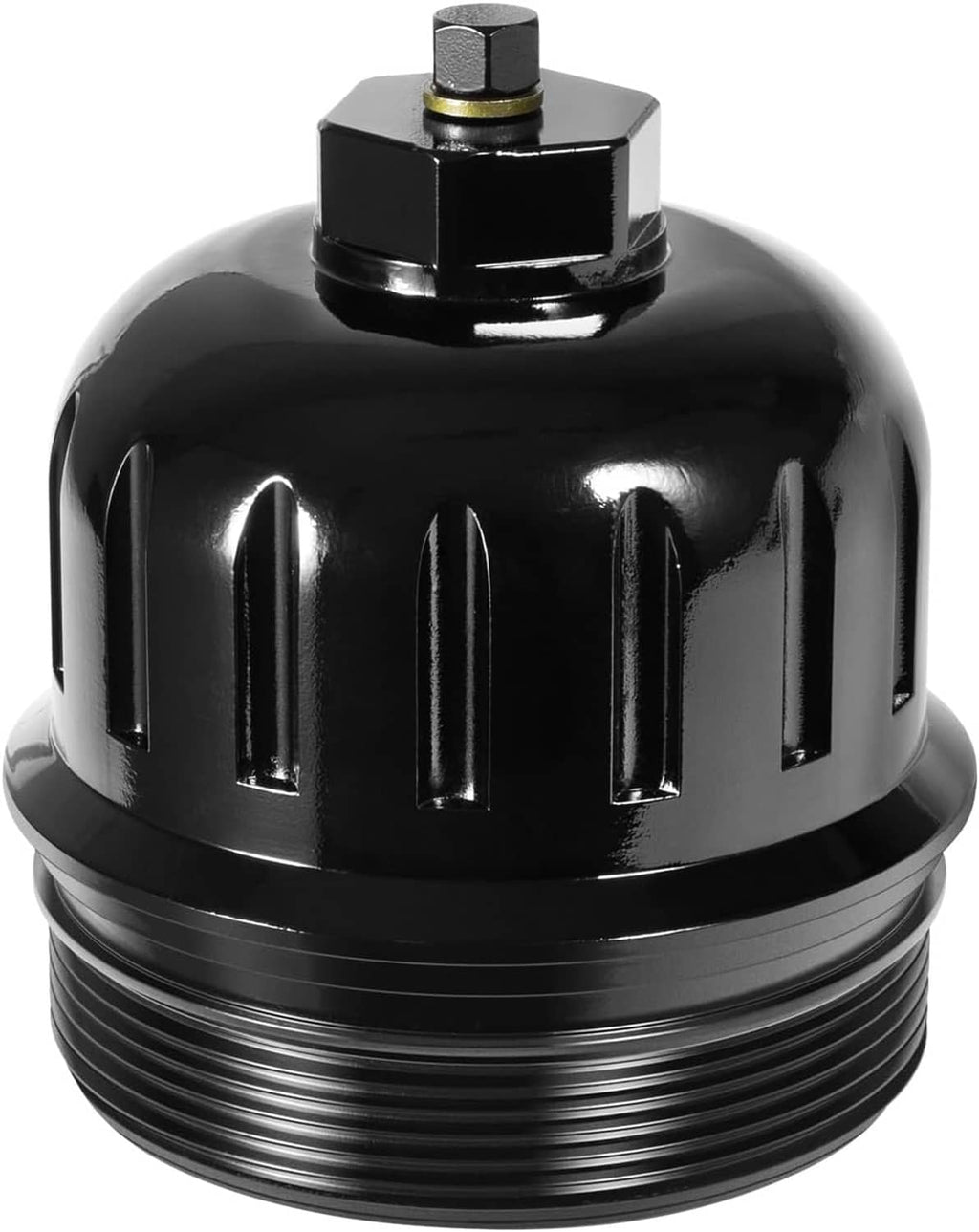 Black fuel filter housing cap with hex bolt top, ribbed sides and threaded rim