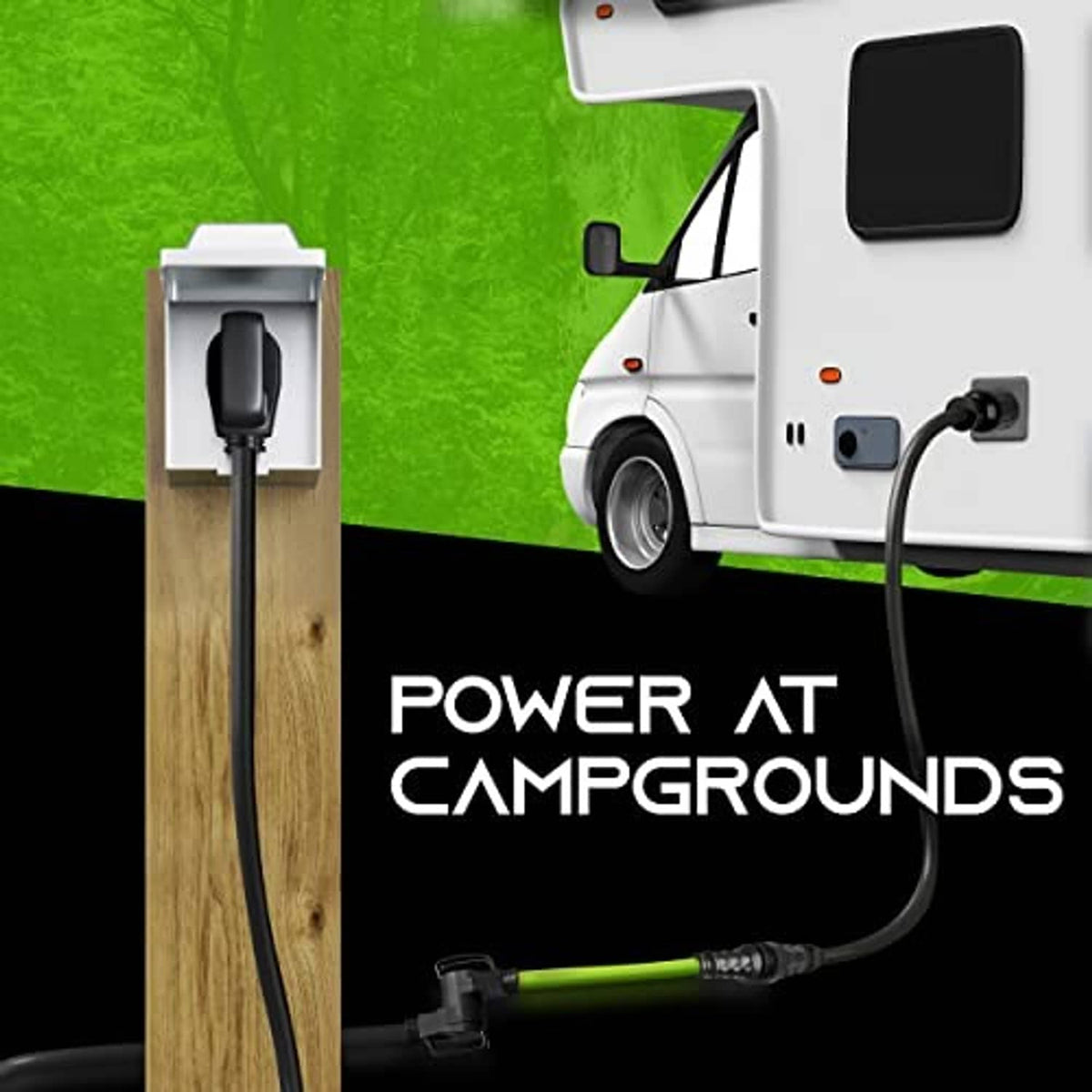 Shore power adapter cord with green cable connected to RV campground power outlet