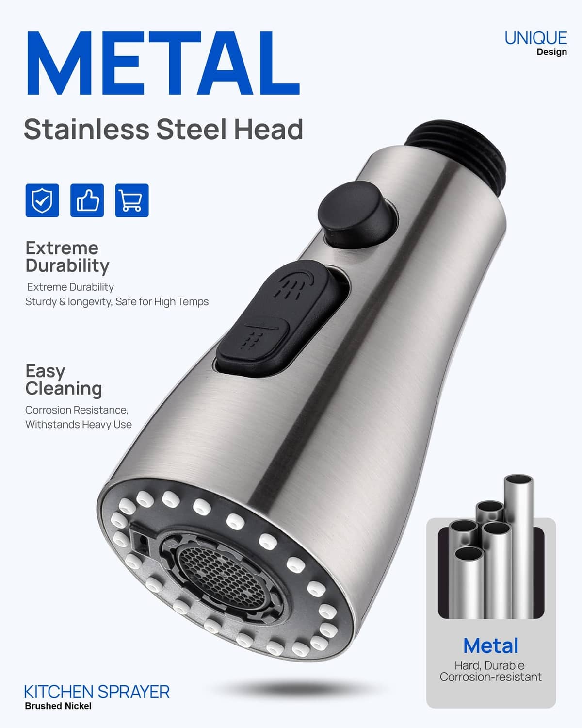 Stainless metal faucet sprayer head with black buttons and multi-hole spray face