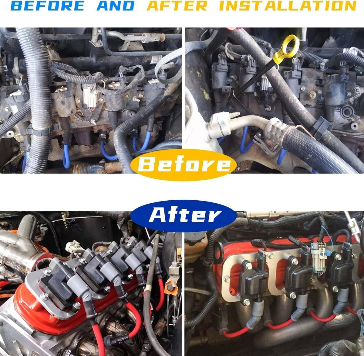 Installed coil bracket set on engine, with coil packs mounted to aluminum rails