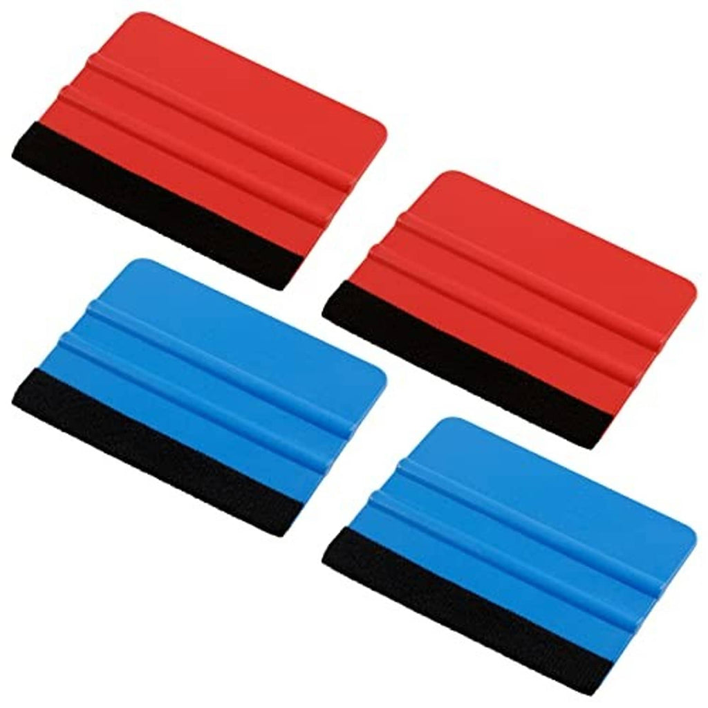 4-piece felt edge squeegee tool set with blue and red plastic handles and black felt pads.