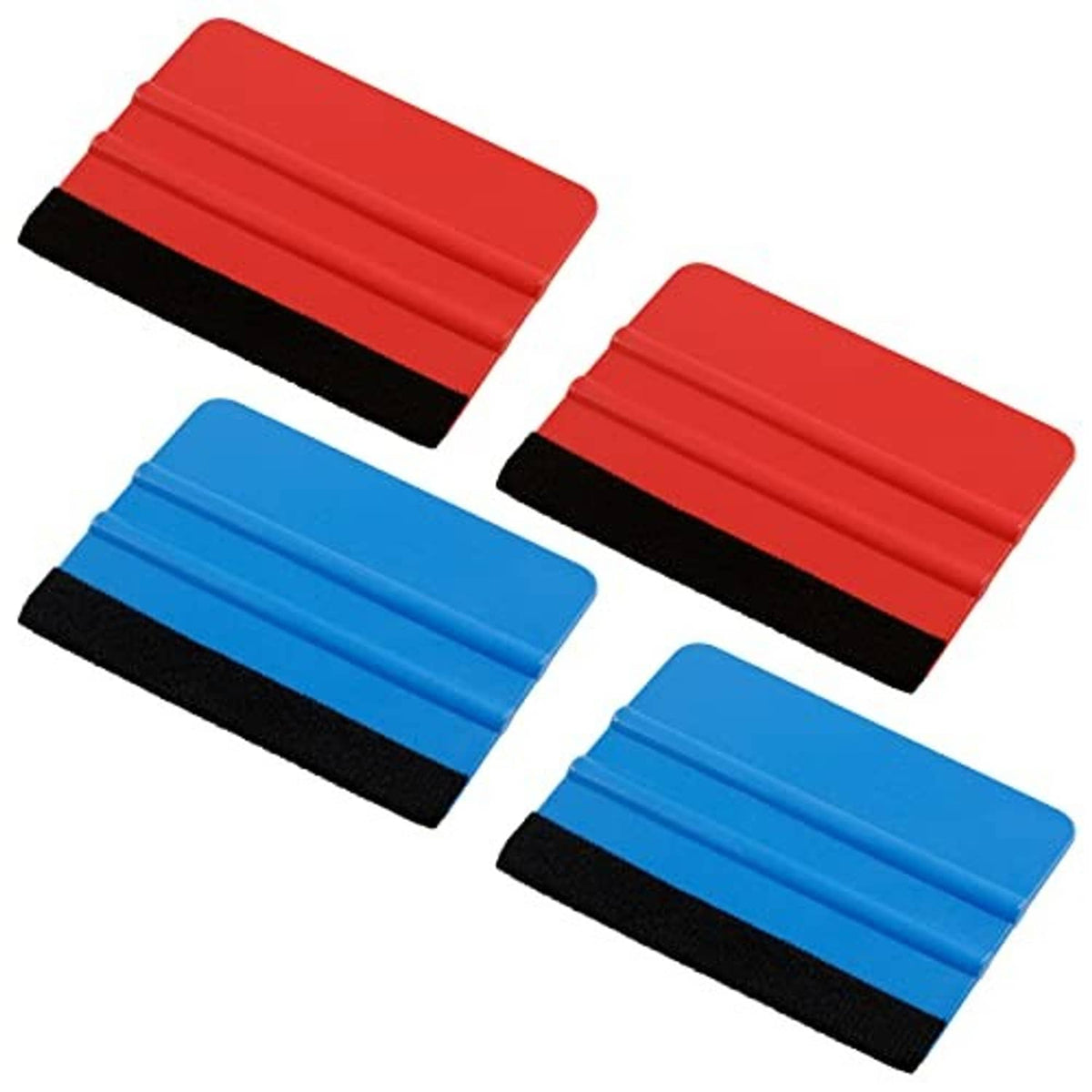 4-piece felt edge squeegee tool set with blue and red plastic handles and black felt pads.