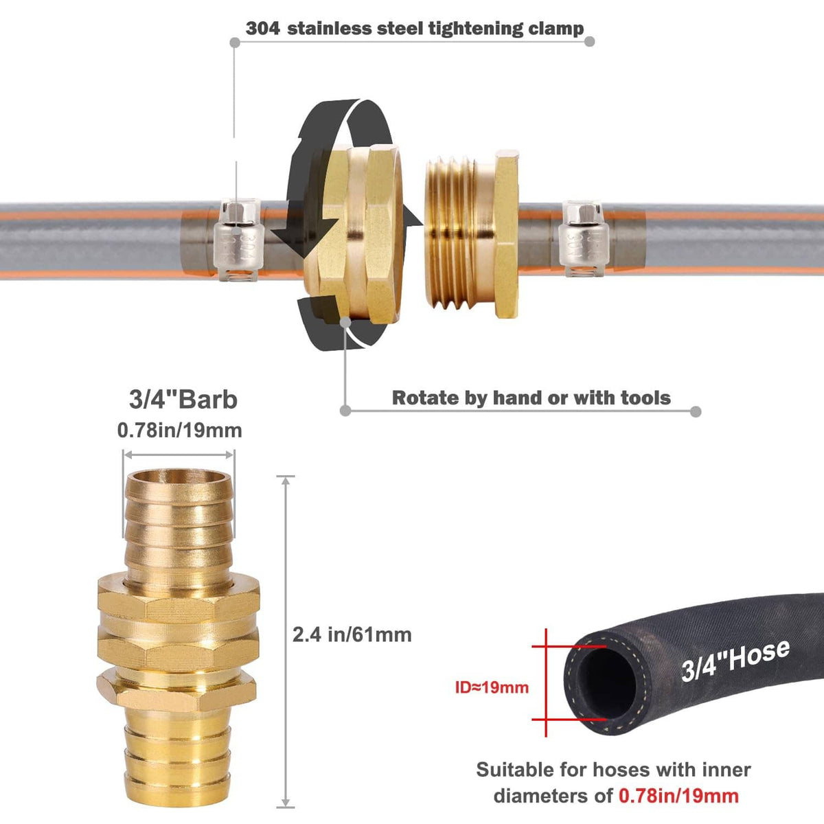 Brass hose connector with 3/4 in barb, stainless steel tightening clamp, gasket