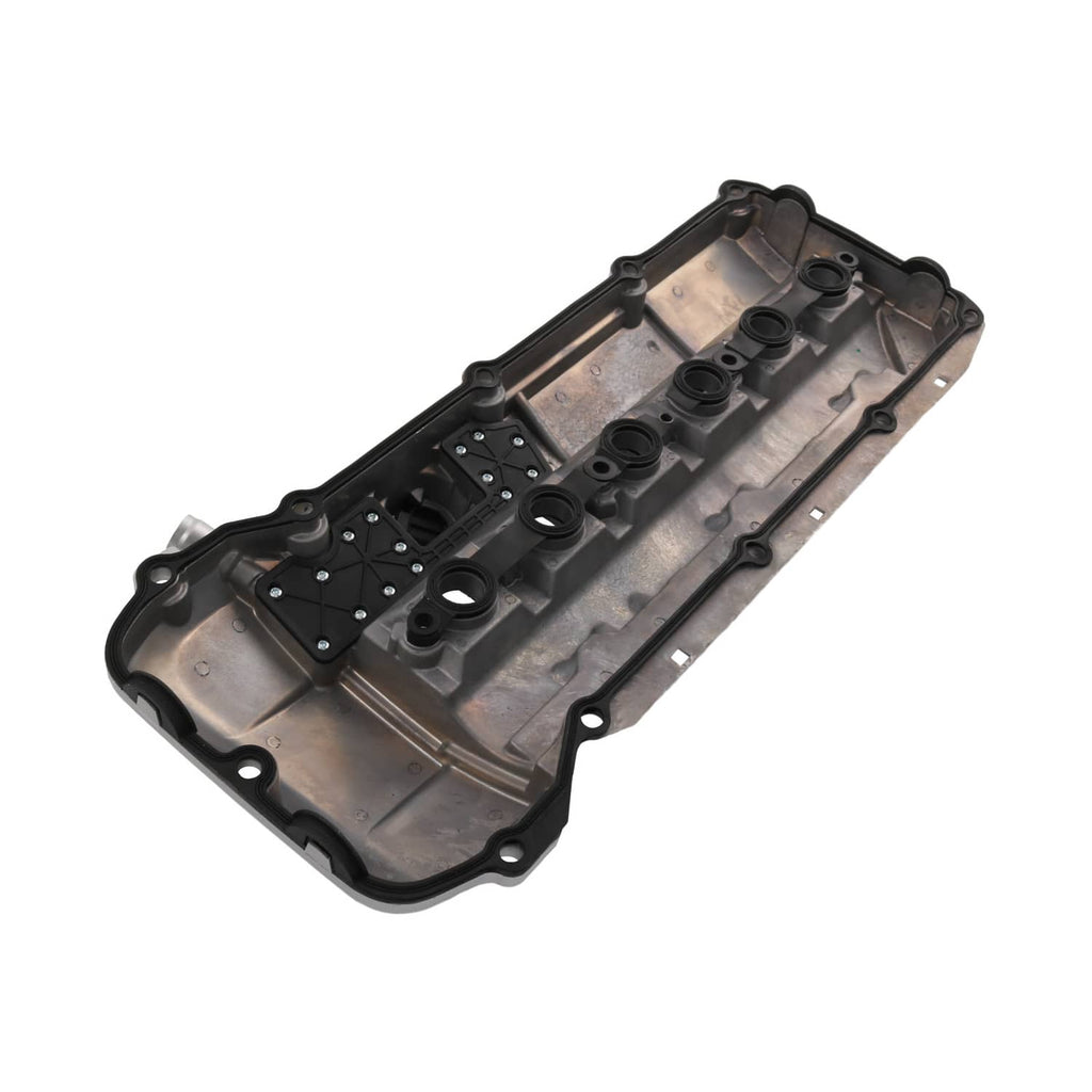 Aluminum valve cover with gasket, oil ports, and mounting bolt holes, black ends