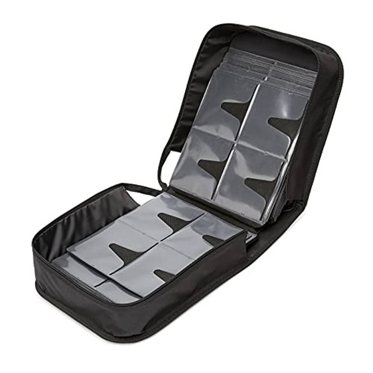 Black CD/DVD binder case opened to show internal document card slots