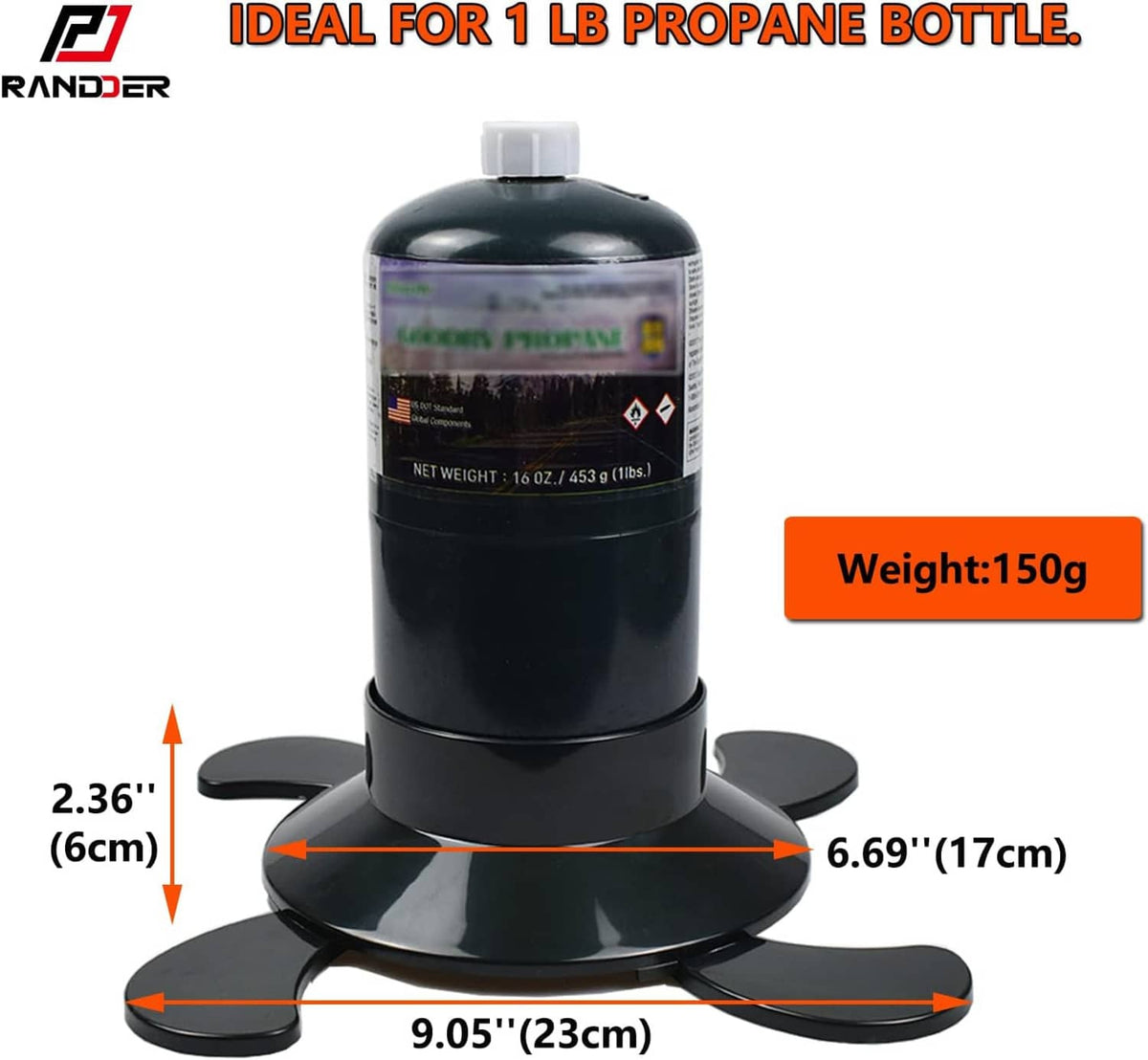 Compact propane cylinder base with folding feet for 1 lb tank, size measurements shown