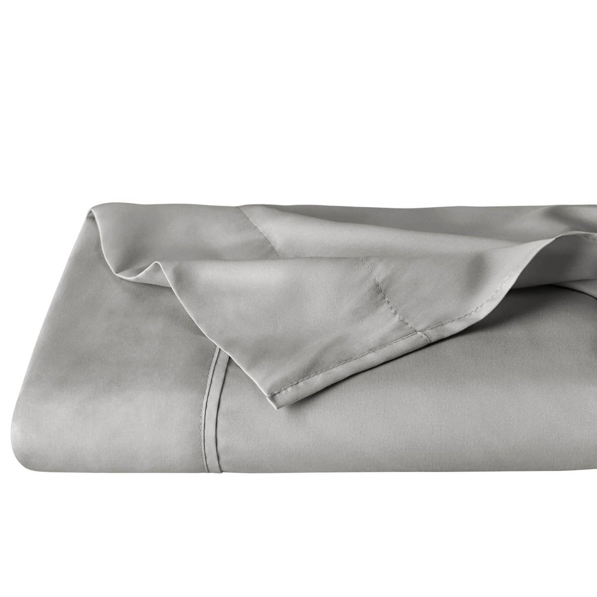 Light grey full flat sheet, folded with neat stitched hem edge