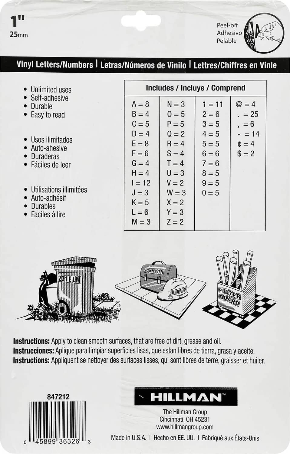 Vinyl letters and numbers kit packaging with size 1 in and peel-off instructions