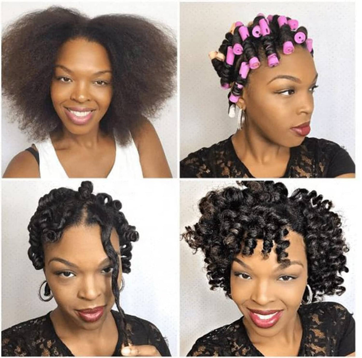 Hair perm roller curls using purple rods, side and front views of styled hair