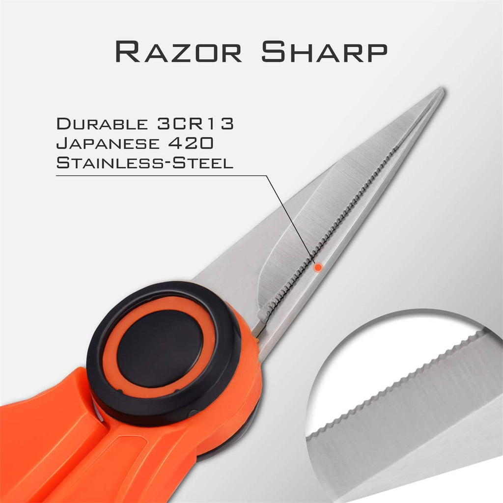 Fishing line scissors with long stainless-steel blades and orange cutting handle