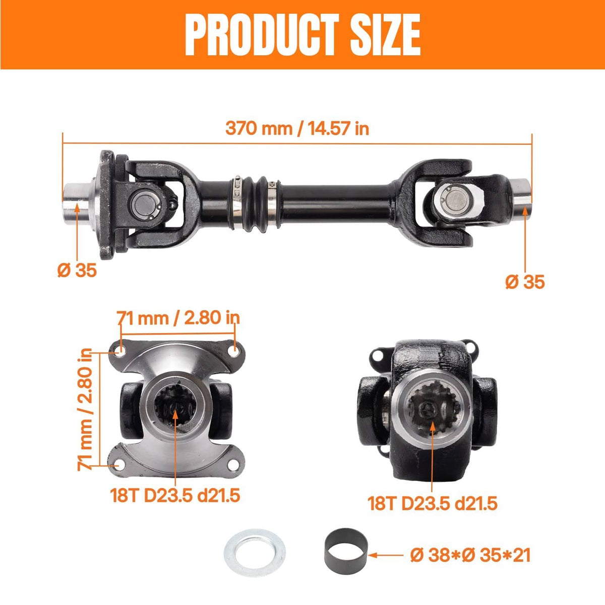 Rear propeller drive shaft with U-joints and gaskets, shown with size diagram