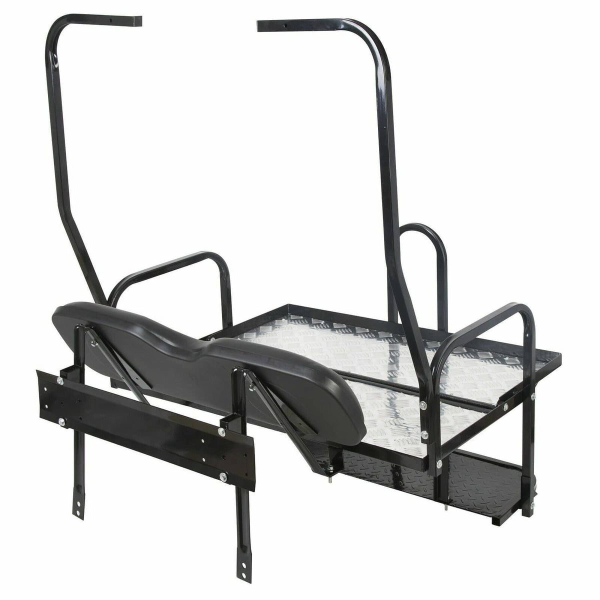 Rear flip seat and cargo bed kit with black frame, diamond-plate platform, and handle bars
