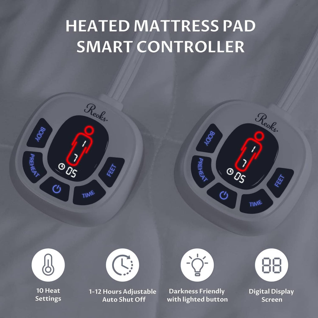 Heated mattress pad smart controller with heat level and time buttons