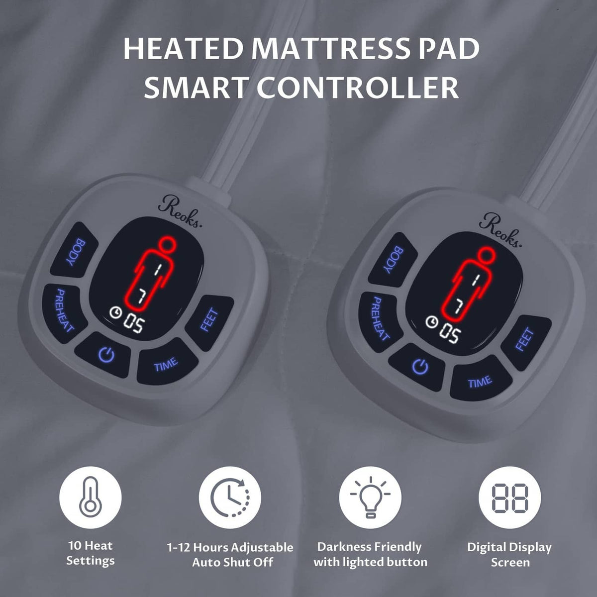 Heated mattress pad smart controller with heat level and time buttons