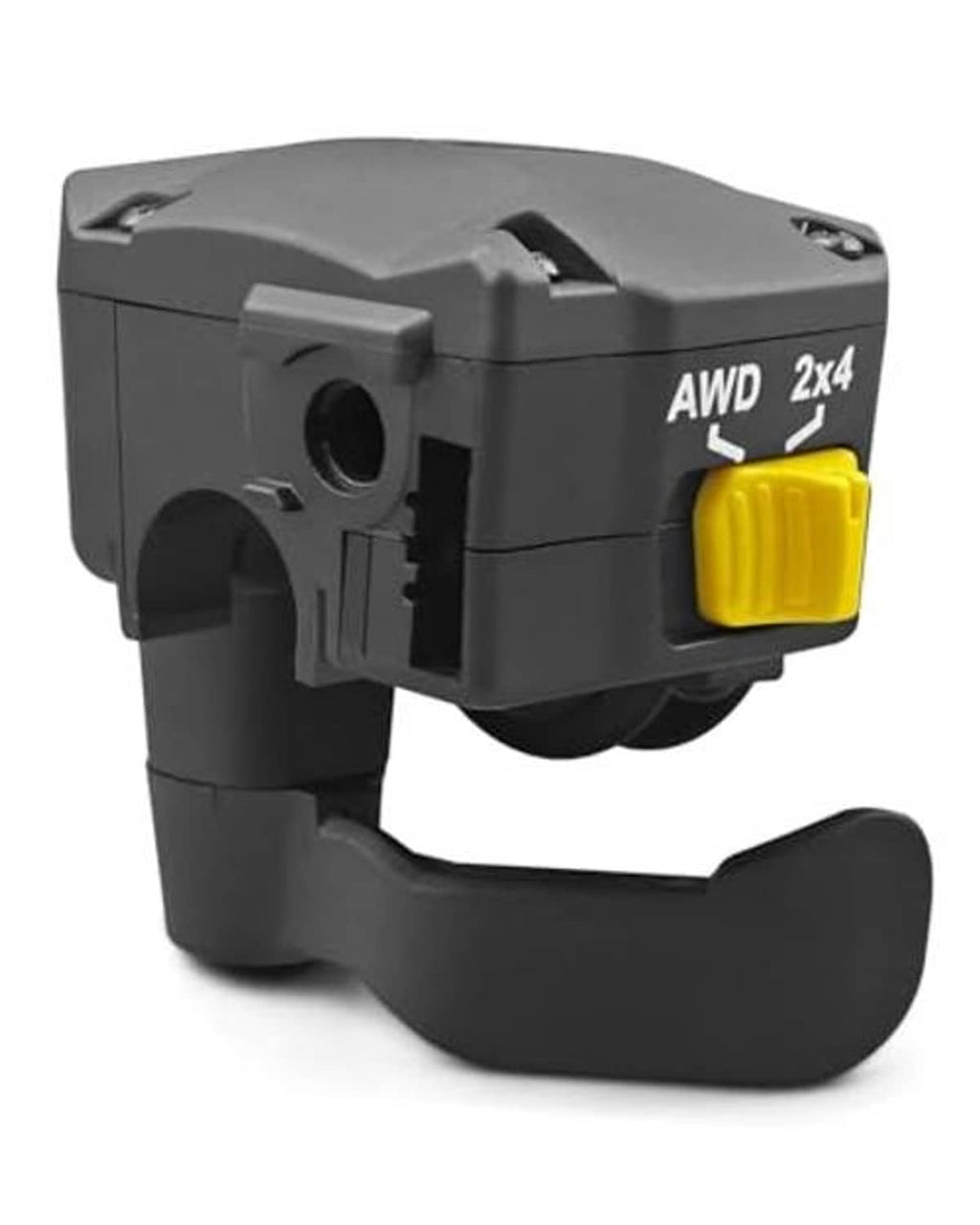 Black thumb throttle control lever with yellow switch and mounting base for ATV