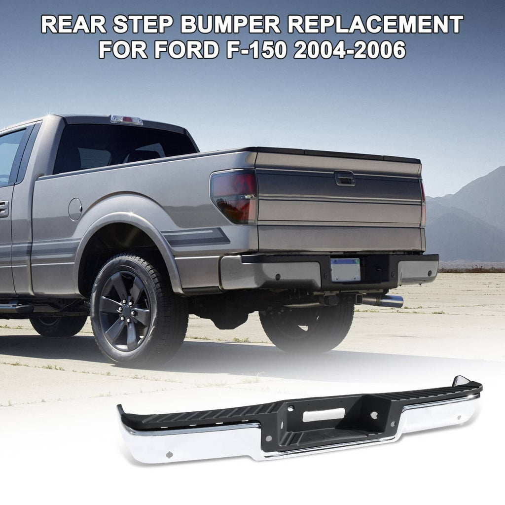Rear step bumper replacement shown on a pickup truck with black step surface and openings