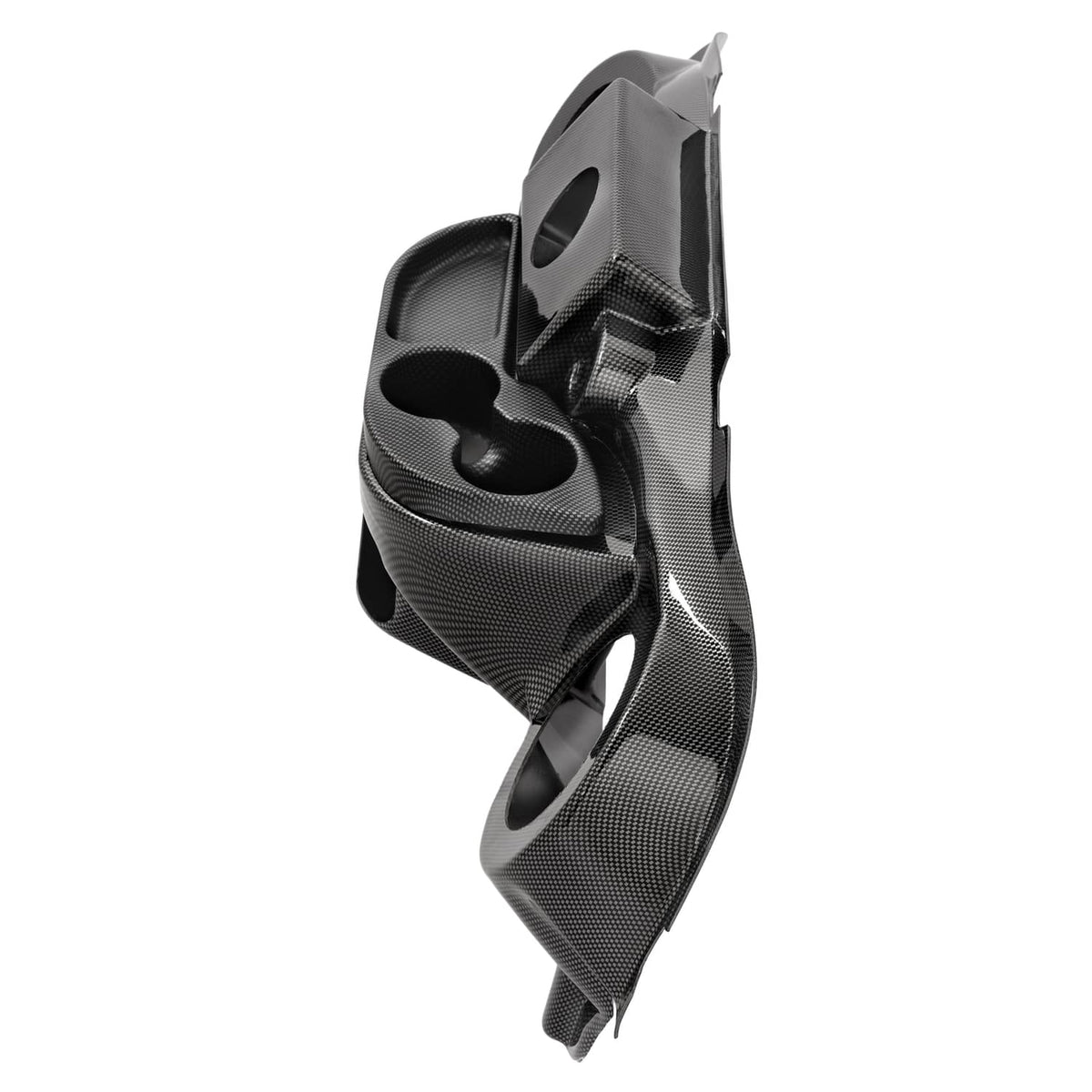 Golf cart dashboard cover, carbon-fiber style black, side profile with layered openings
