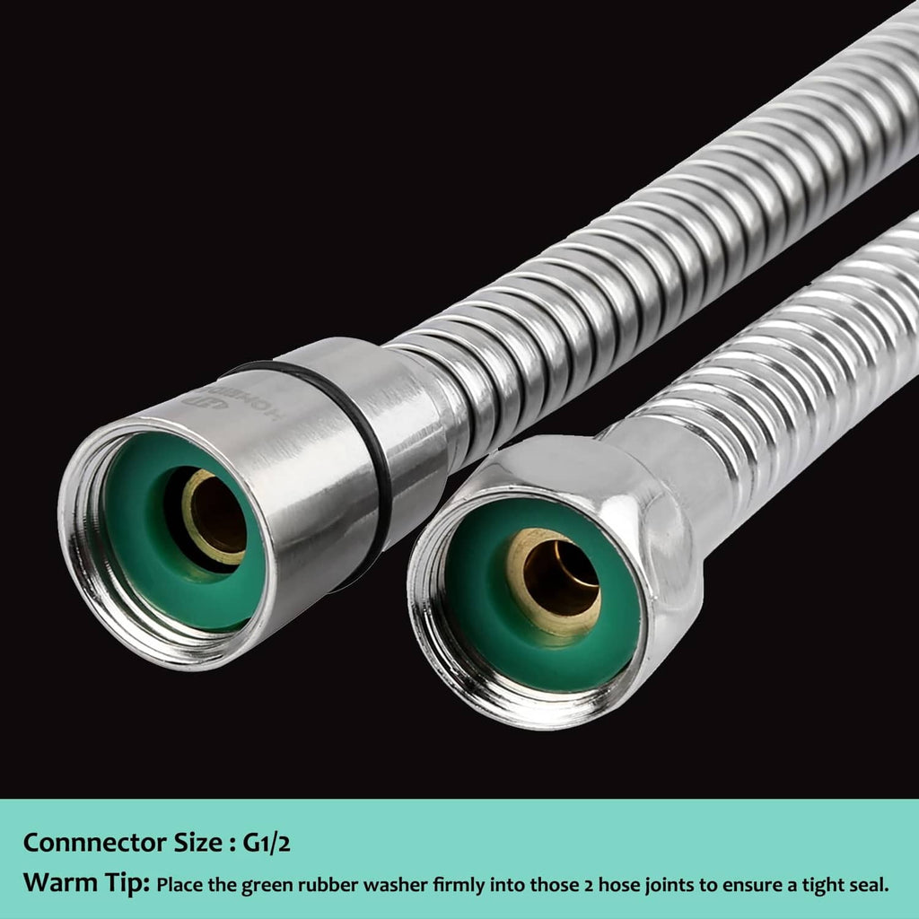 Shower hose end fittings with green rubber washers and chrome metal couplings