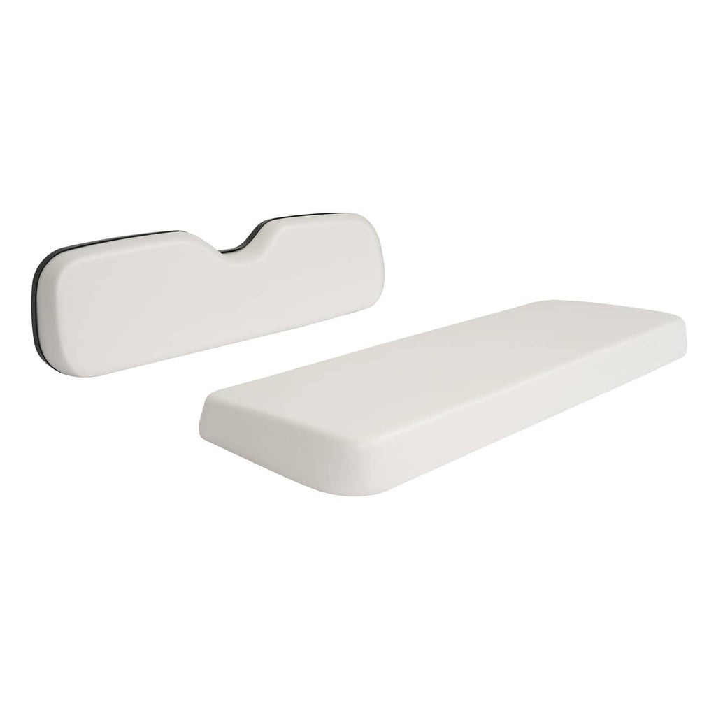 White golf cart backrest and seat cushions, curved contours with dark edge trim