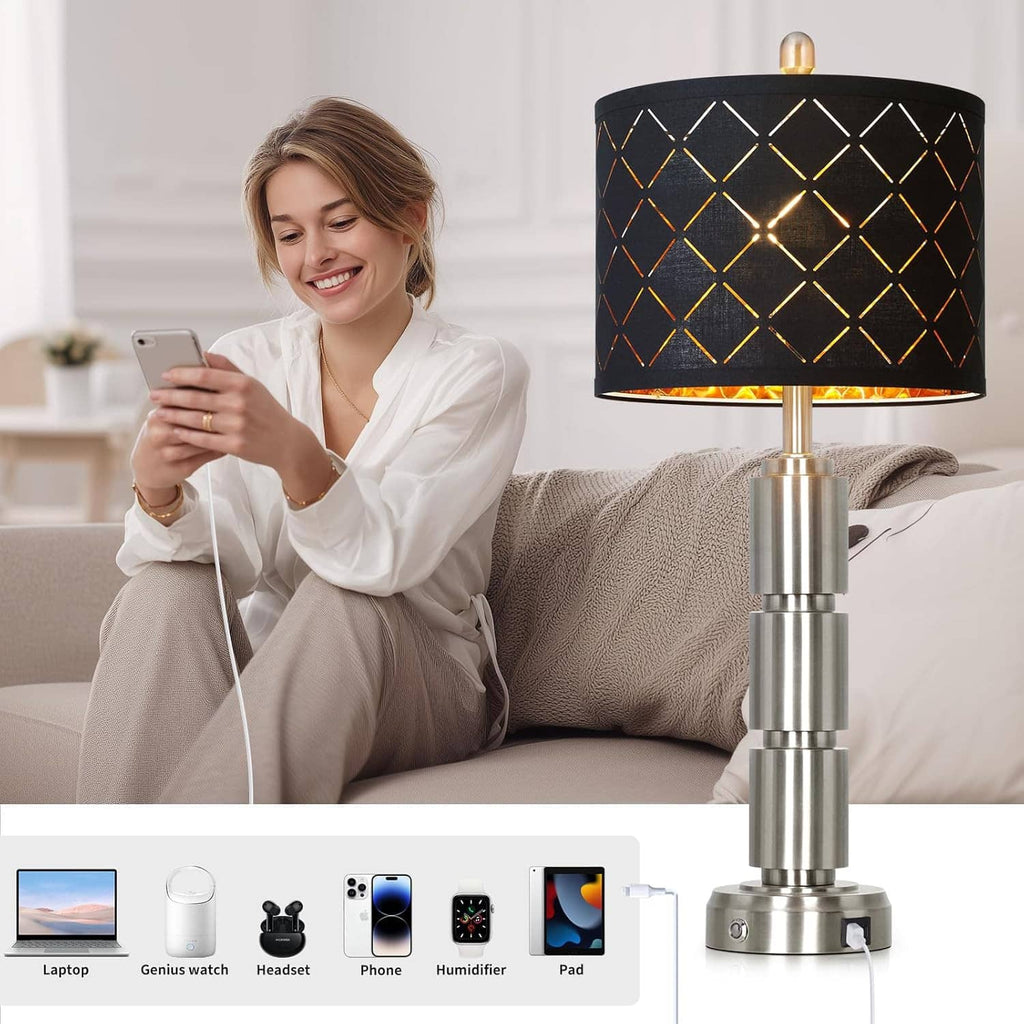 Table lamp with black diamond-pattern shade and brushed metal base on a side table