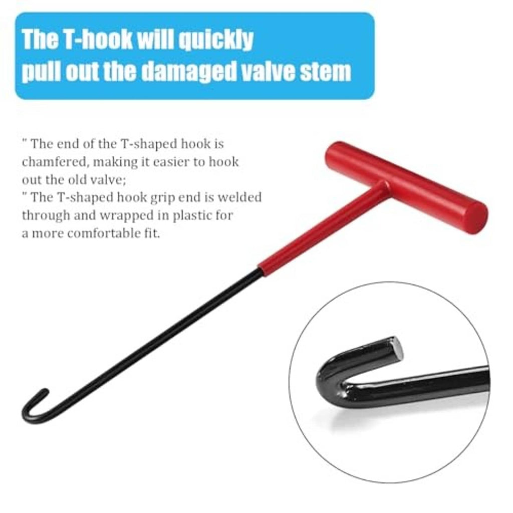 Red T-hook and metal extraction rod for removing damaged tire valve stems