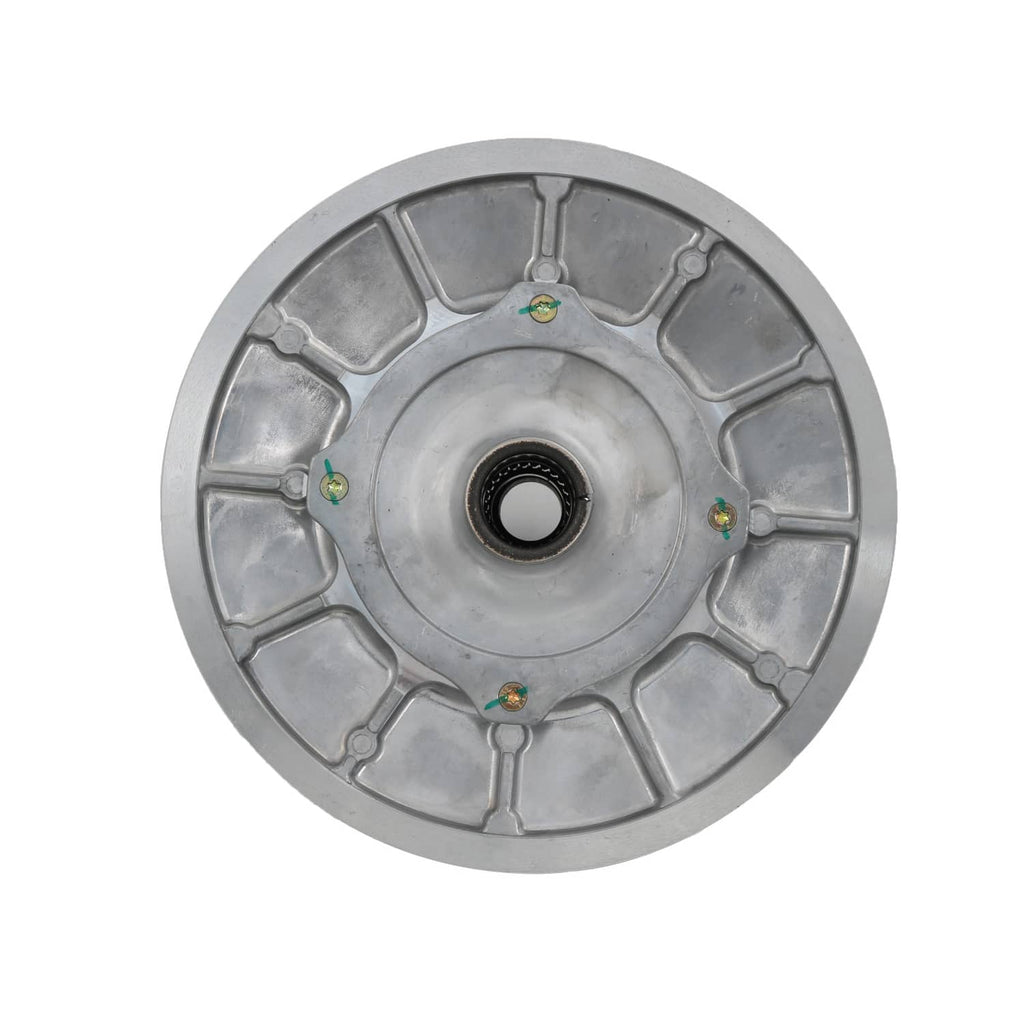 Secondary driven clutch sheave, silver metal wheel with center bore and radial spokes
