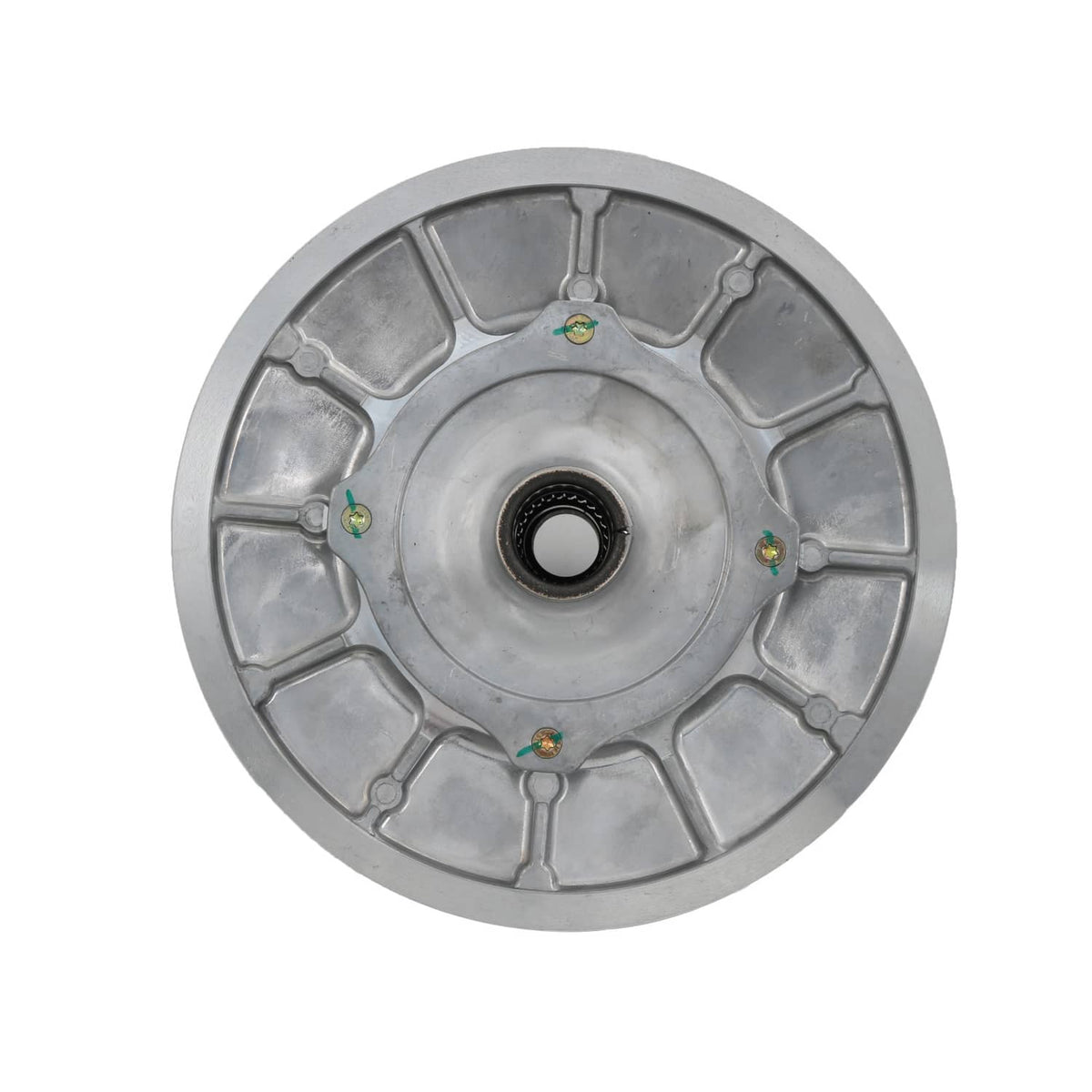 Secondary driven clutch sheave, silver metal wheel with center bore and radial spokes