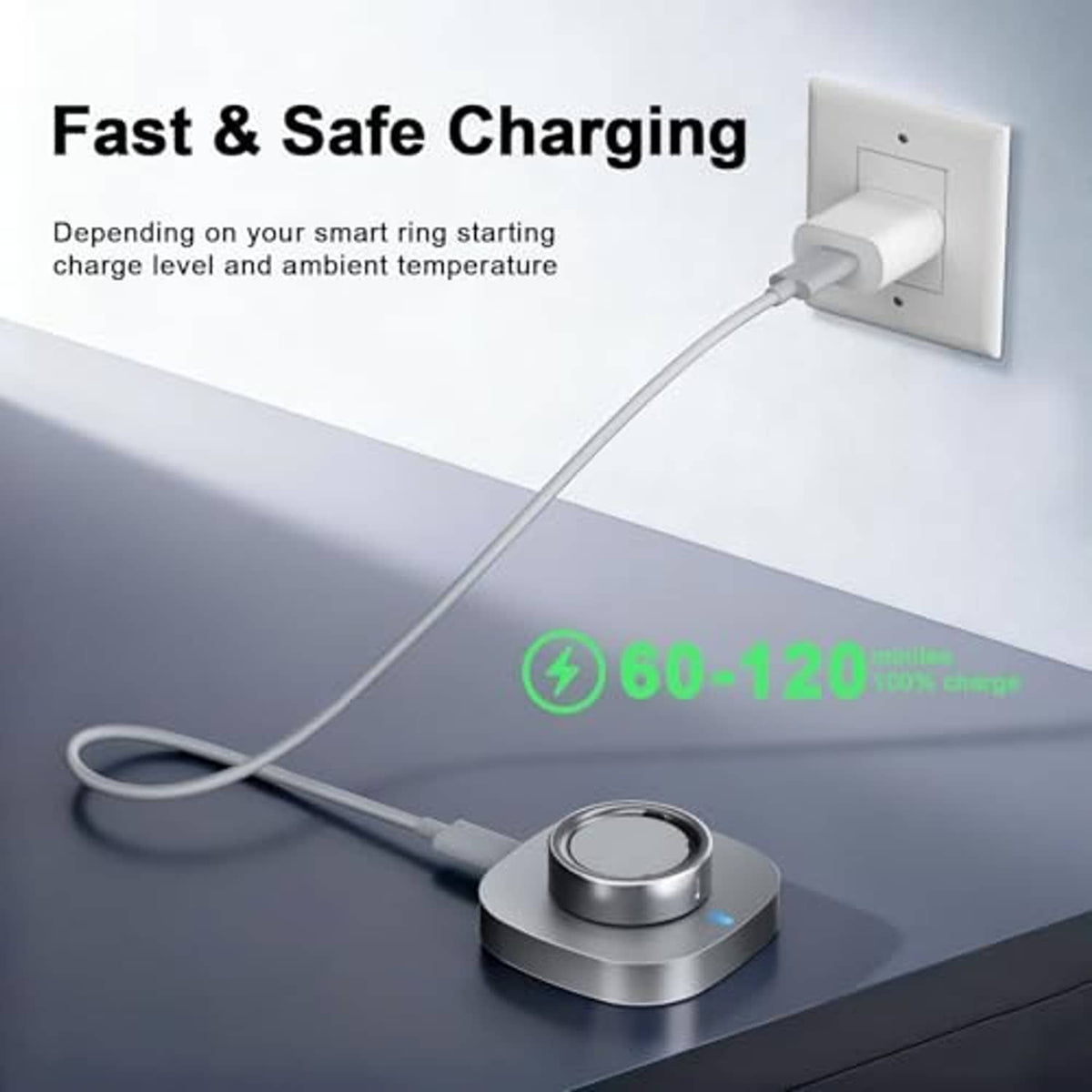 Gray ring charging dock with USB cable plugged into wall adapter