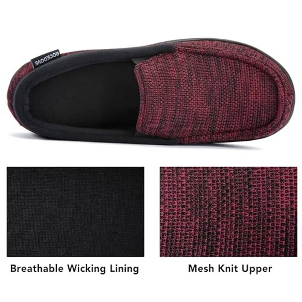 Burgundy tweed moc slipper shown side view, black lining and padded collar