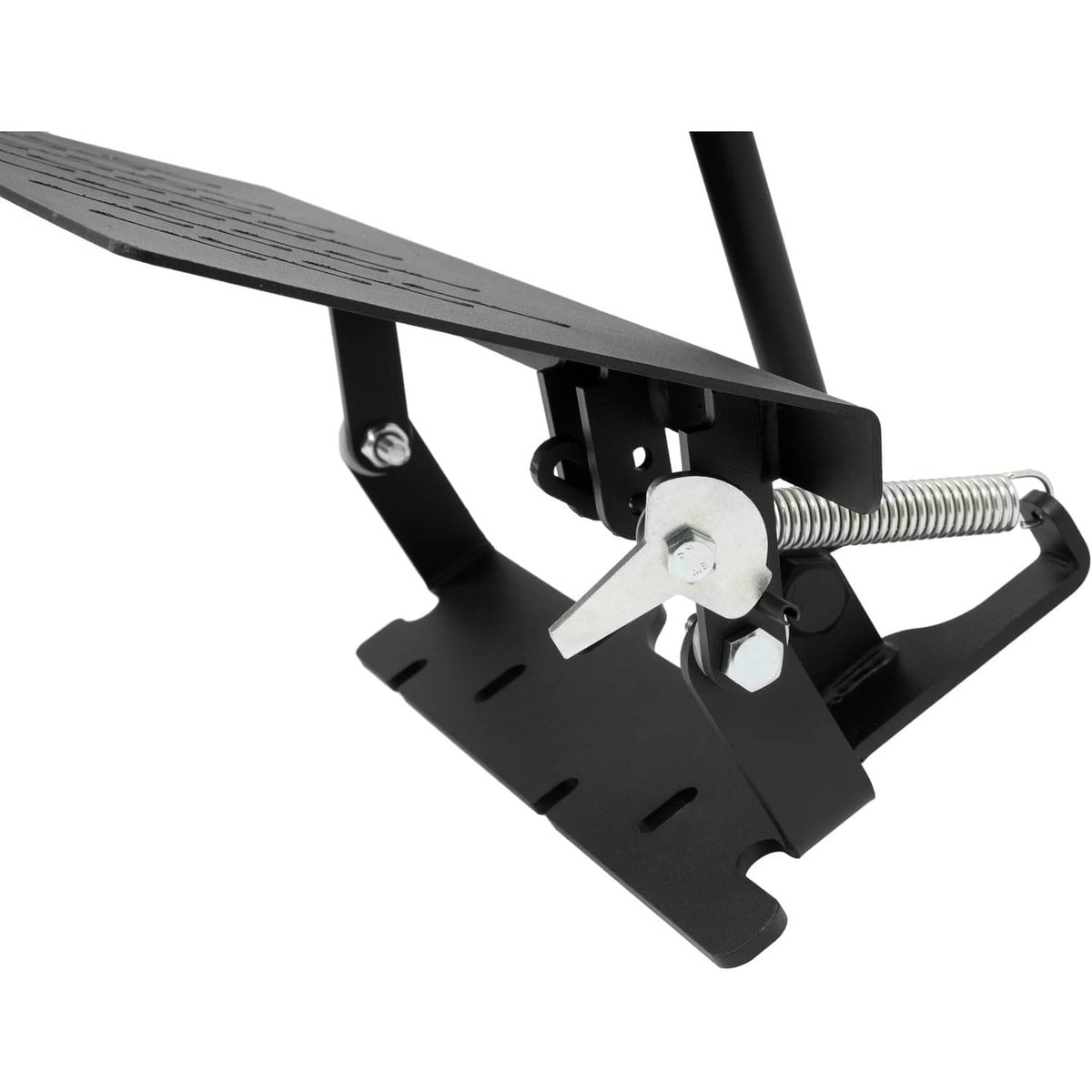 Black discharge shield linkage with spring and adjustable mounting hardware