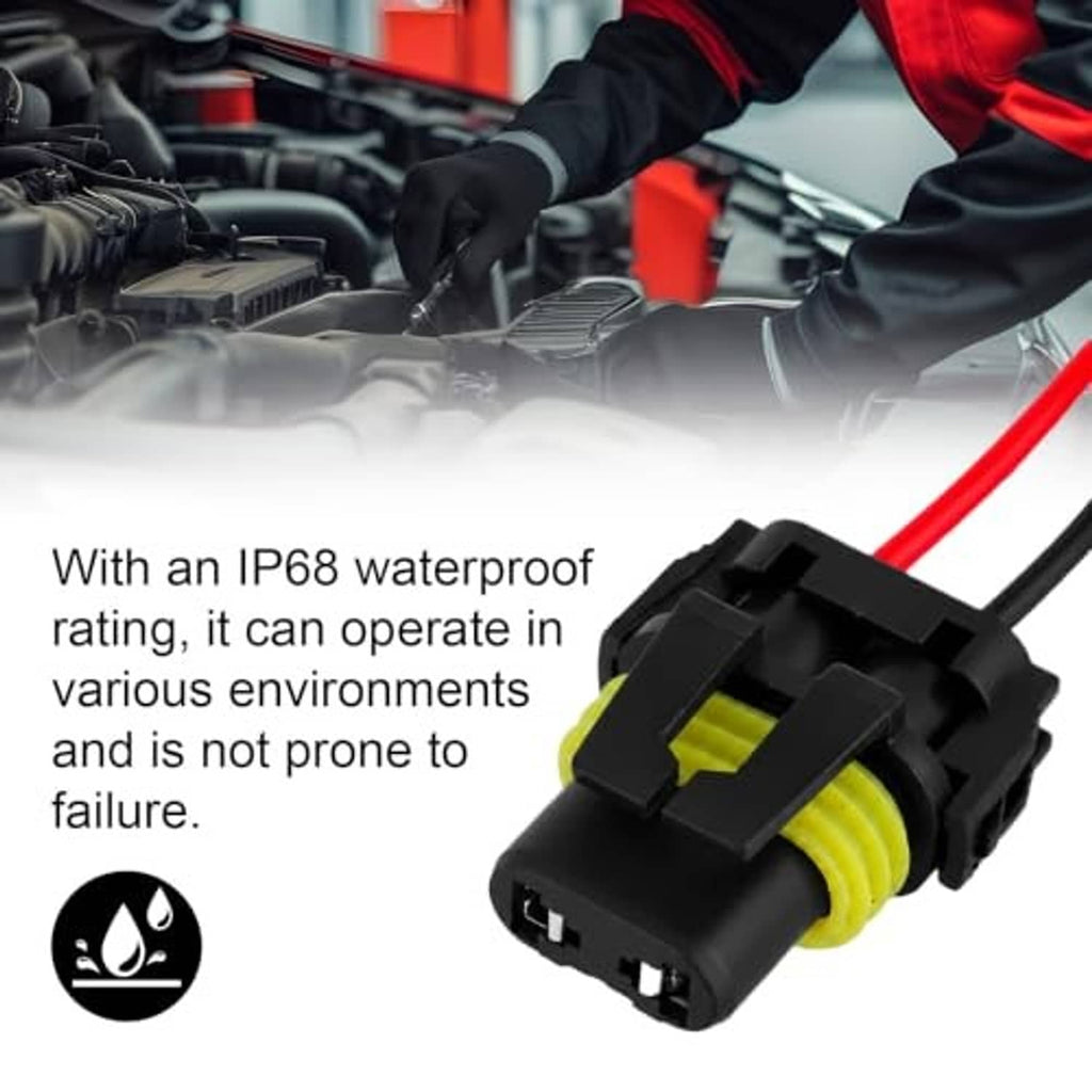 Headlight wiring pigtail socket with red and black wires, black housing for water-resistant use