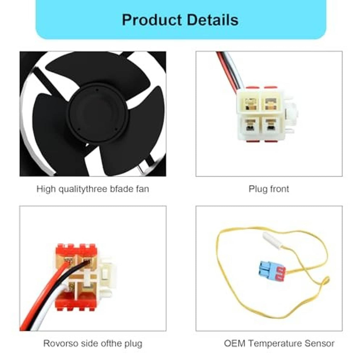 Refrigerator evaporator fan motor details: three-blade fan and wiring plug connector