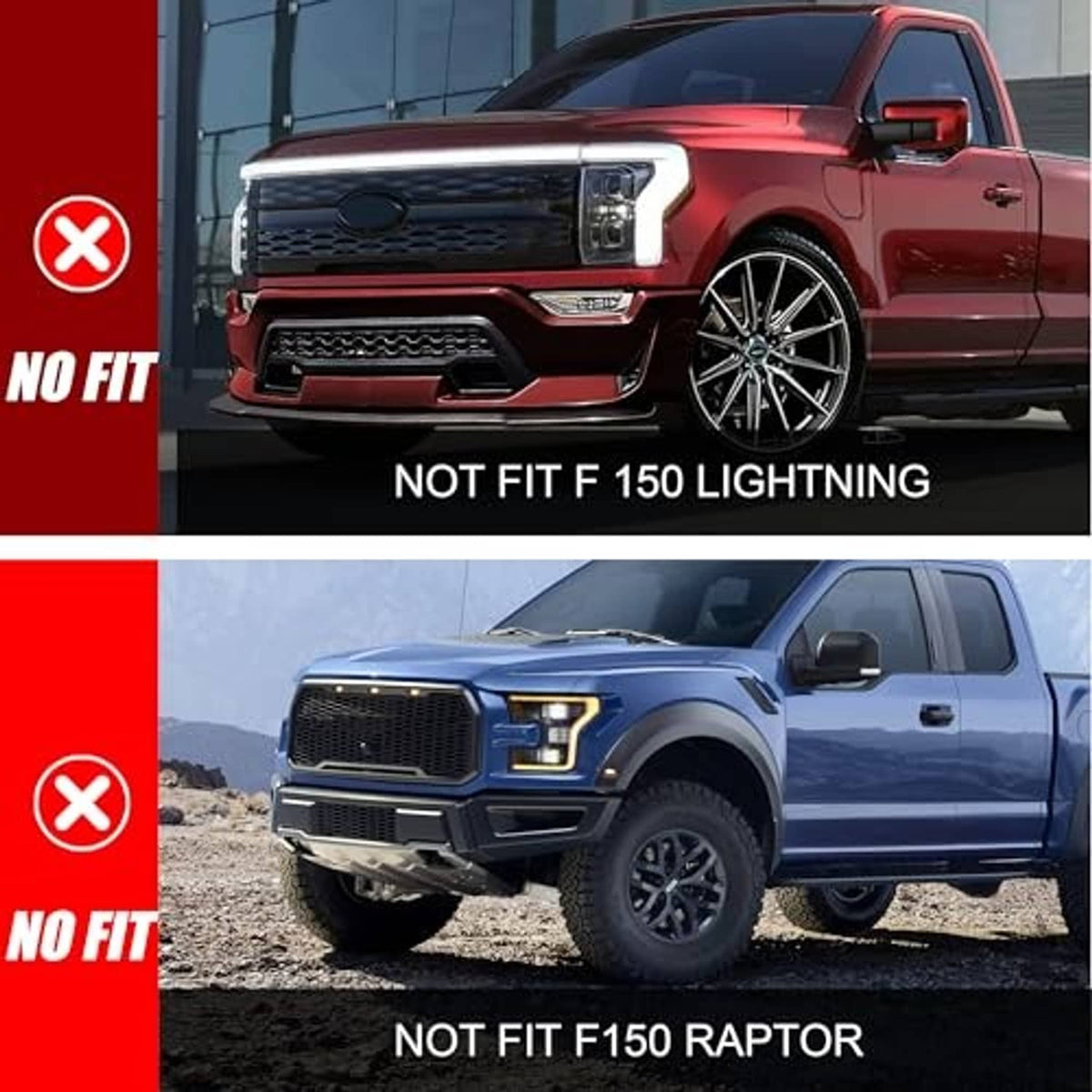 Compatibility comparison showing pickup fronts with and without the grille insert