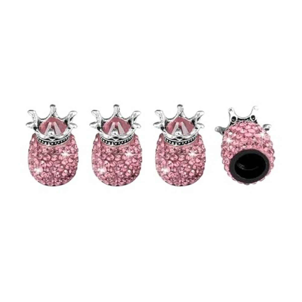 Four pink rhinestone crown car valve stem caps with silver crown tops