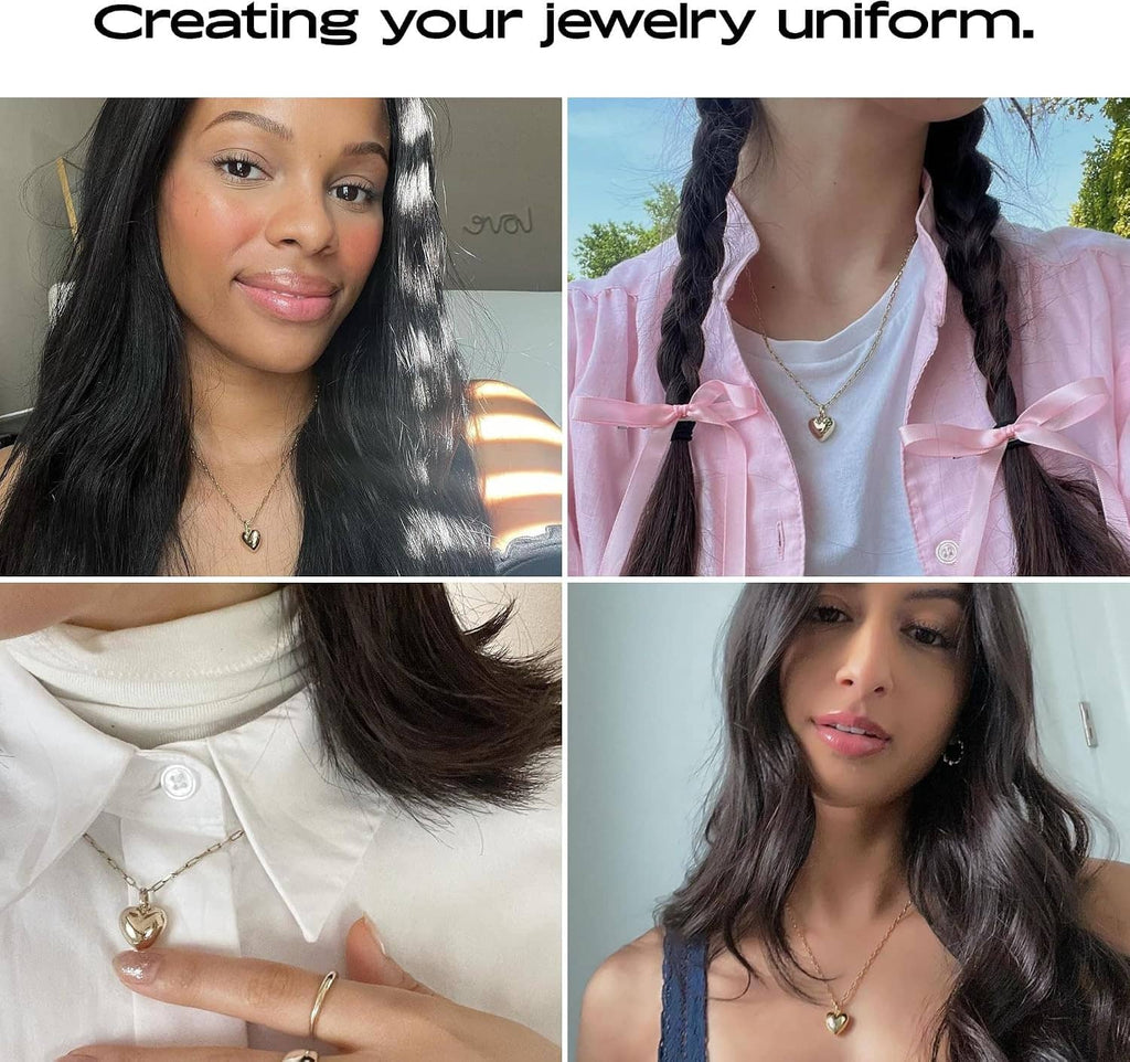 Gold heart pendant necklace worn on models with paperclip chain, multi-angle collage