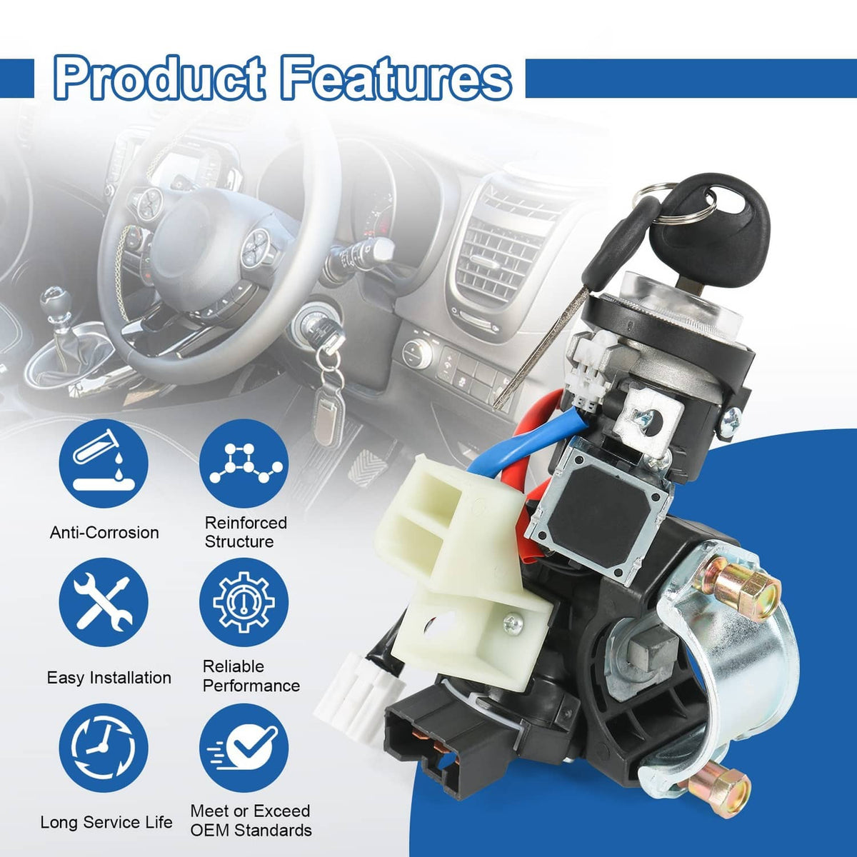 Ignition lock switch and door lock cylinder assembly with keys and wiring connectors