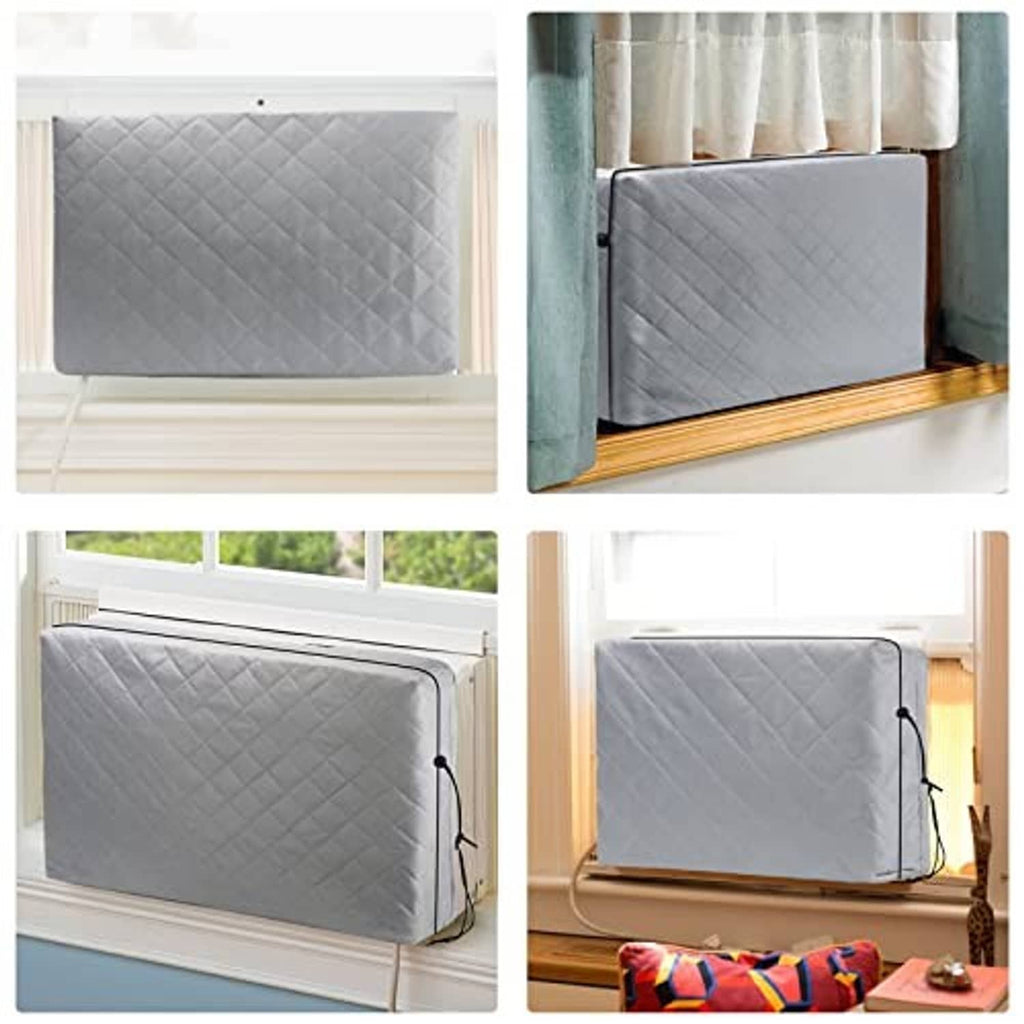 Window air conditioner with fitted quilted gray cover and tied cords at the corners.