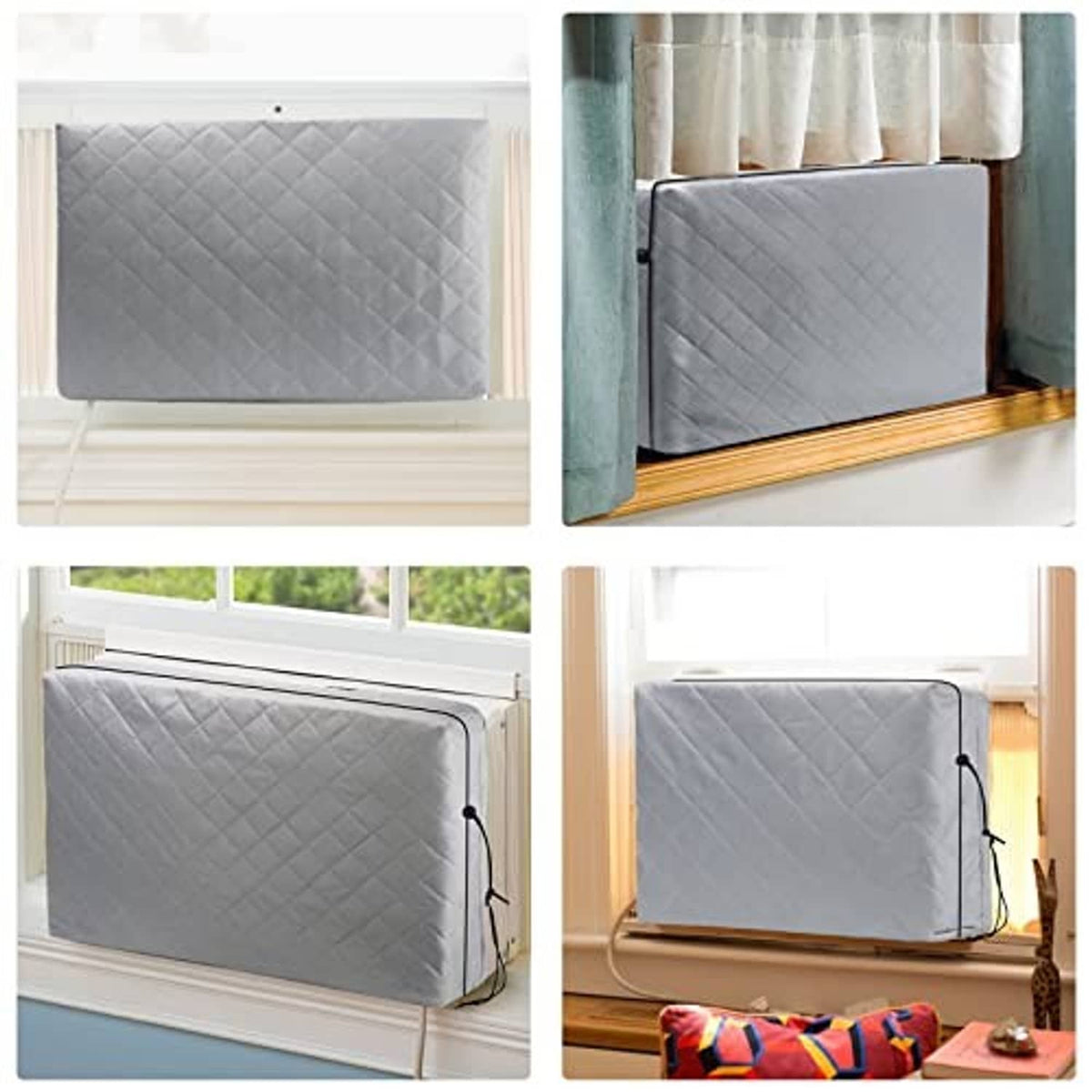 Window air conditioner with fitted quilted gray cover and tied cords at the corners.