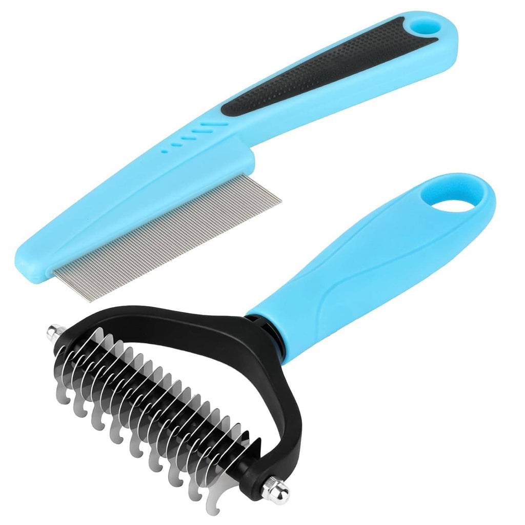Two-piece pet grooming comb set: blue and black handles with stainless flea comb and rake