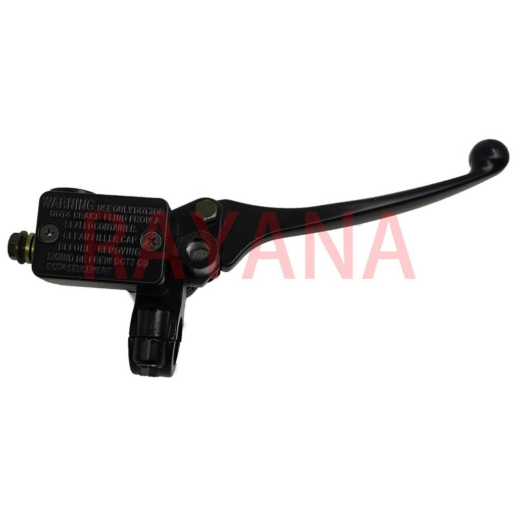 Black brake master cylinder lever with detailed label panel and hose fitting